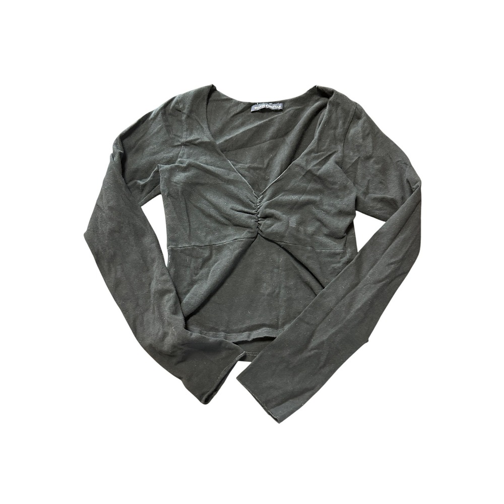 Brandy‎ Melville Black Crop Long Sleeve V-Neck Basic Casual Shirt Top Stretch